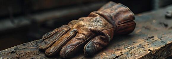 A pair of leather gloves on a wooden surface photo
