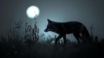 A black fox walking in the grass at night photo