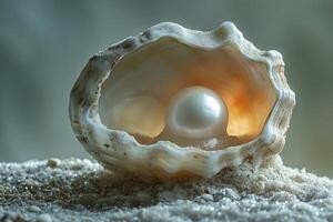 A pearl in a shell on the beach photo