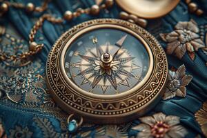 An old gold compass on a blue background photo