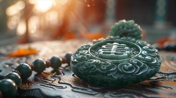 A green jade pendant sitting on a wooden table photo