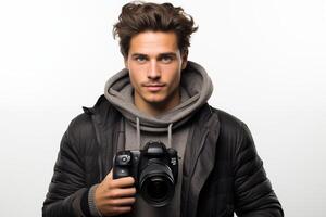 A man holding a camera and wearing a jacket photo