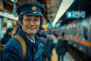 A man in a blue uniform standing in front of a train photo