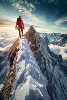 A man standing on top of a mountain with a rope photo