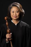An asian woman in a judge's robe holding a wooden gavel photo