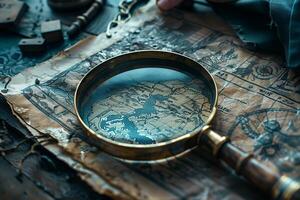 A magnifying glass is on a map with a compass and a compass photo