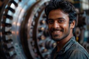 A young man is smiling in front of a large machine photo