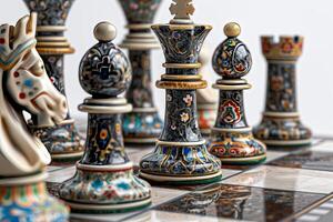 A chess set with colorful pieces and a horse photo