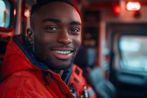 A smiling black man in a red jacket sitting in the back of an ambulance photo