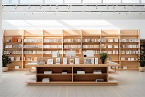 A library with bookshelves and a potted plant photo