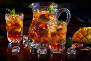A pitcher of fruit juice and ice cubes photo