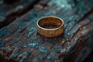 A gold ring sitting on top of a wooden table photo