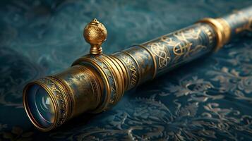 A golden telescope with a gold handle and a gold cap photo