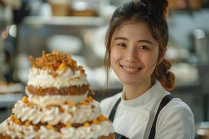 A woman in a chef's apron is smiling while holding a cake photo