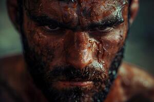 A man with a beard and blood on his face photo