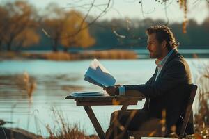 A man in a suit is sitting at a table with a piece of paper photo