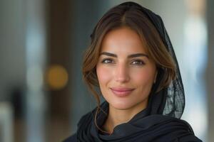 A beautiful woman in a black headscarf photo