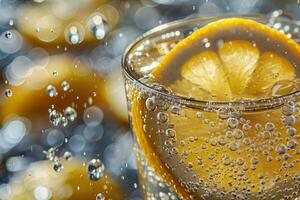 A glass of water with a lemon slice in it photo