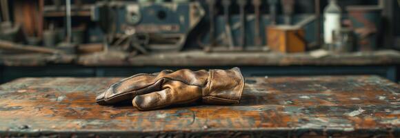 A pair of old leather gloves sitting on a table photo