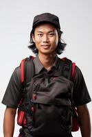 A man wearing a black shirt and a red backpack photo