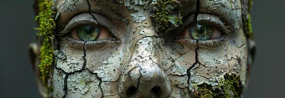 A close up of a woman's face with moss growing on it photo
