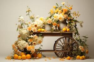 Orange and white flowers on a cart with oranges photo