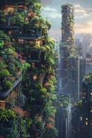 A city with tall buildings and trees on top photo