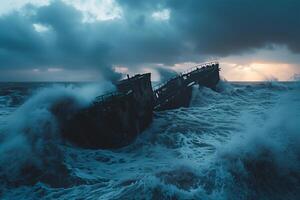 A ship is sinking in the ocean with waves crashing over it photo