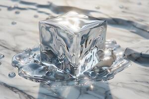 A cube of ice sitting on top of a marble surface photo