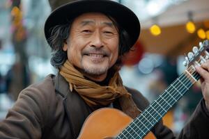 An asian man with a guitar photo