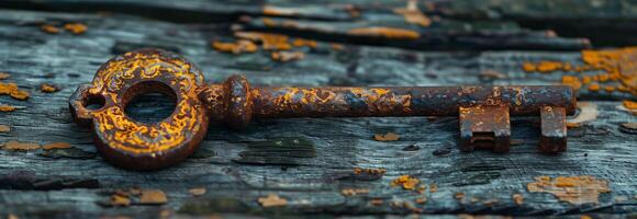 An old rusty key laying on a piece of wood photo
