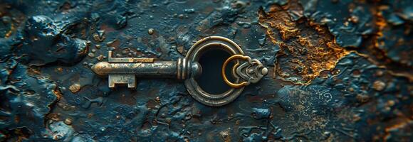 An old rusty key is on a rusty wall photo