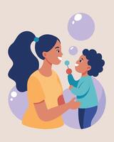 Mother And Child Enjoying Playful Moments Blowing Bubbles Outdoors vector