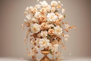 A vase with white and gold flowers on a table photo
