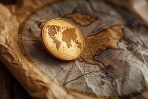 Gold coin on world map photo