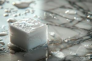 A white cube sitting on a marble surface photo
