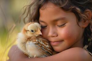 A young girl is hugging a small bird photo
