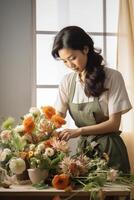 A woman is arranging flowers on a table photo