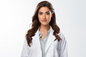 A woman in a lab coat standing in front of a white background photo