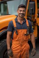 A man in an orange overalls photo