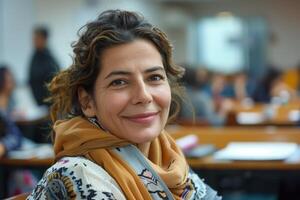 A woman in a classroom smiling at the camera photo
