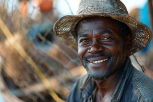 Portrait of a smiling african man on a fishing boat photo