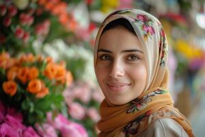 A woman wearing a headscarf in front of flowers photo
