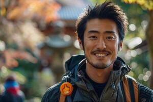 A man with a backpack smiles for the camera photo