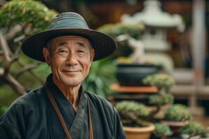 An old man in a hat standing in front of a bonsai tree photo