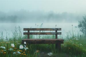 A bench sits in the middle of a field with flowers photo