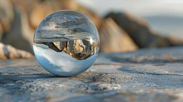A glass ball with a reflection of a mountain photo