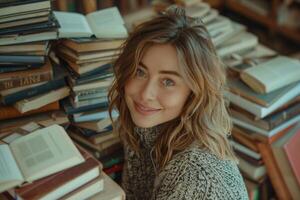 A woman smiling in front of a pile of books photo
