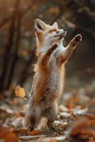 A fox standing on its hind legs in the leaves photo