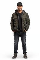 Man in a hoodie and jeans standing in front of a white background photo